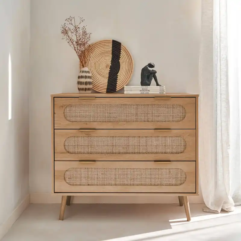 Cómoda con efecto madera y caña redondeada, 3 cajones - Cómodas