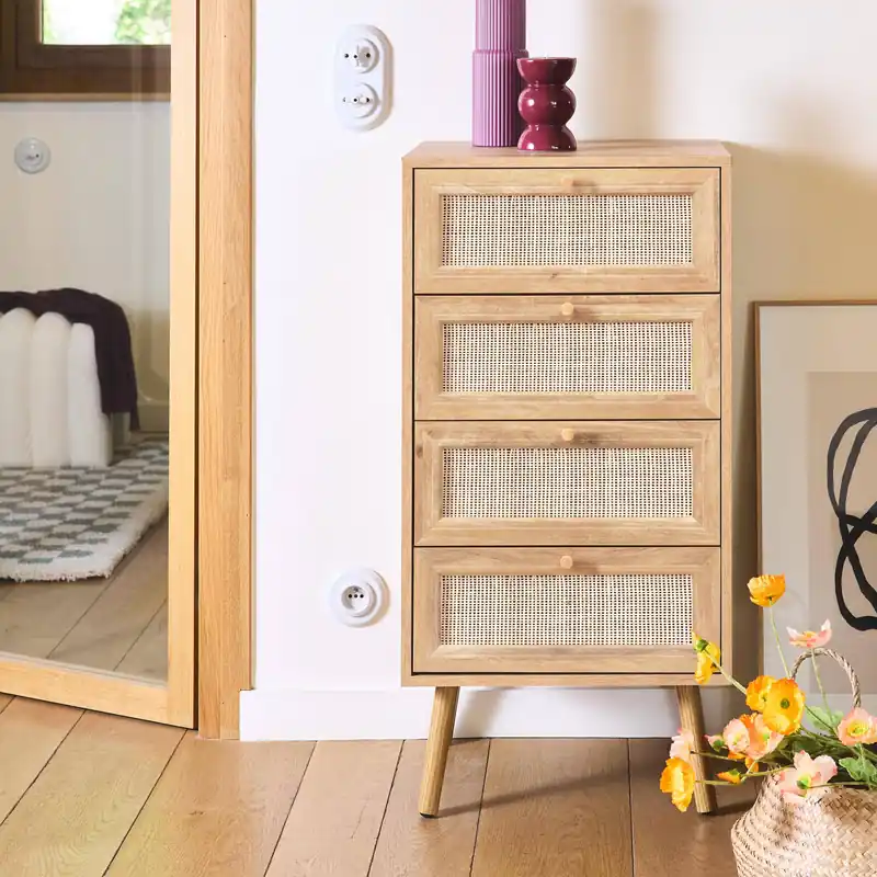 Cómoda de 4 cajones efecto madera y caña - Cómodas