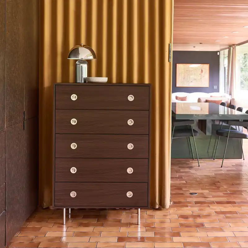 Cómoda vintage de madera y acero inoxidable con 5 cajones - Cómodas