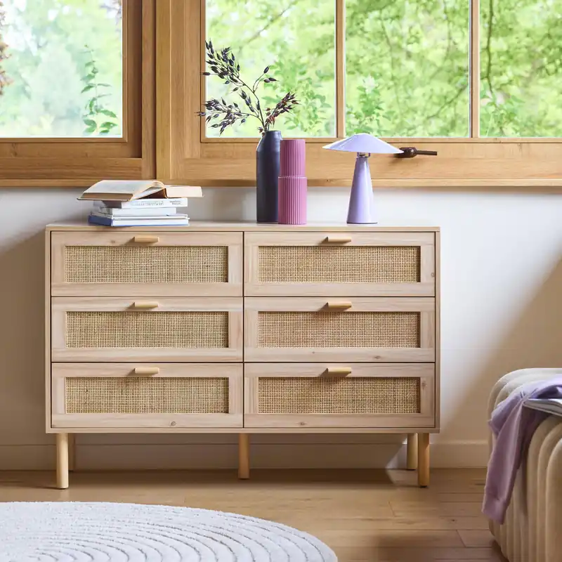 Cómoda de 6 cajones con caña y efecto madera - Cómodas