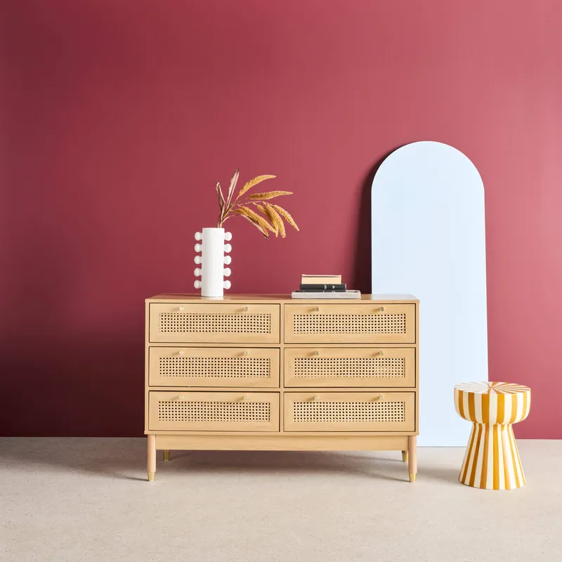 Cómoda con efecto madera y mimbre, 6 cajones - Cómodas