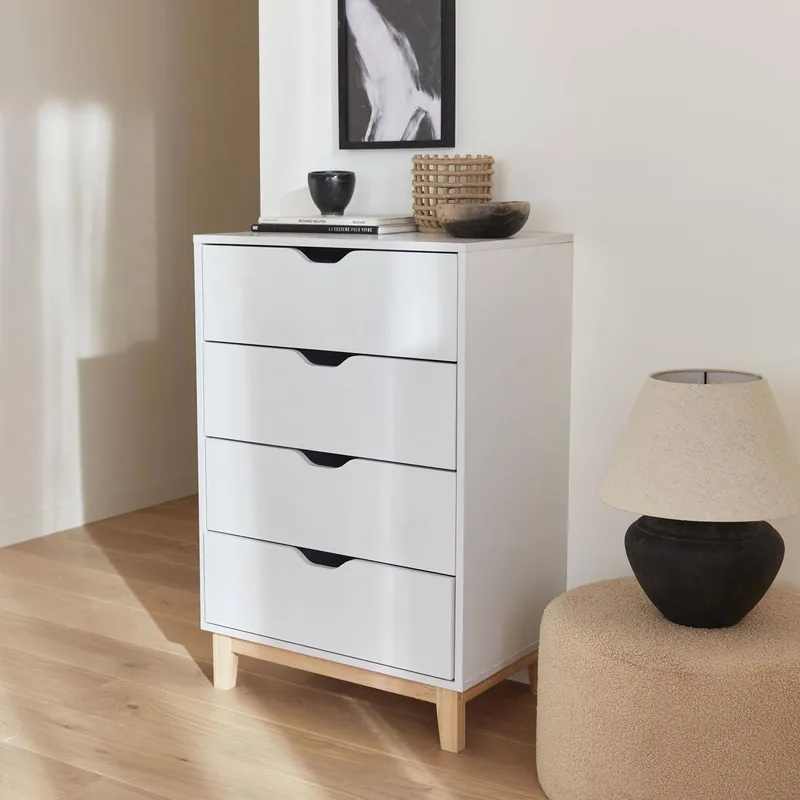 Cómoda efecto madera con patas de madera, 4 cajones - Cómodas