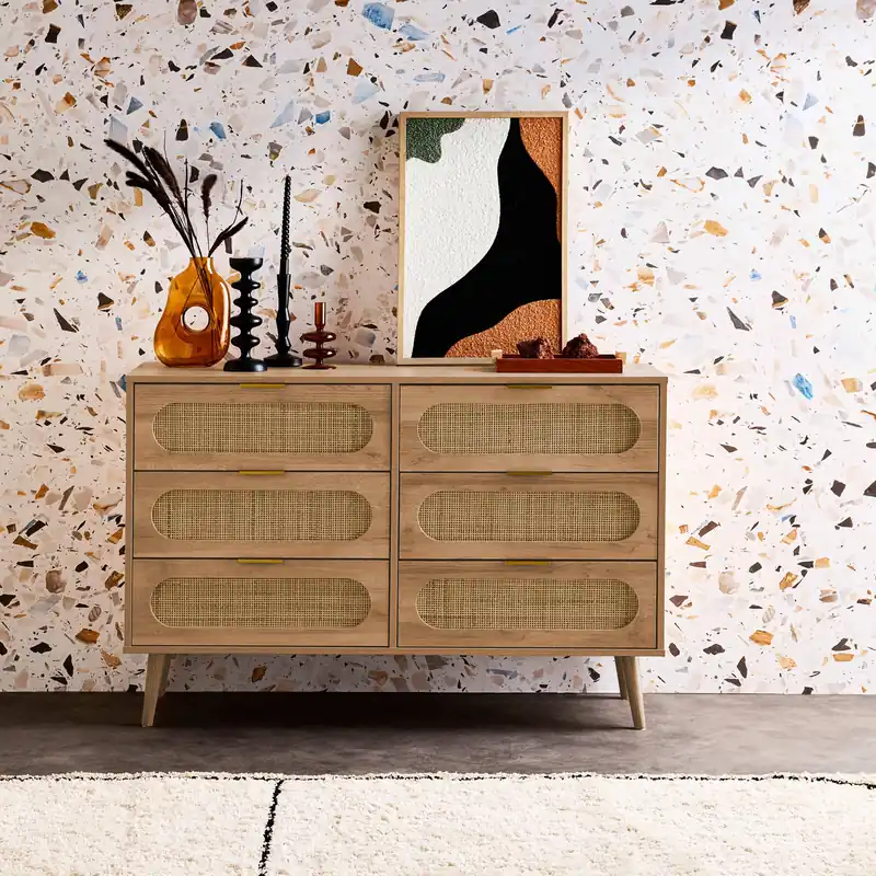 Cómoda de madera y caña redondeada, 6 cajones - Cómodas