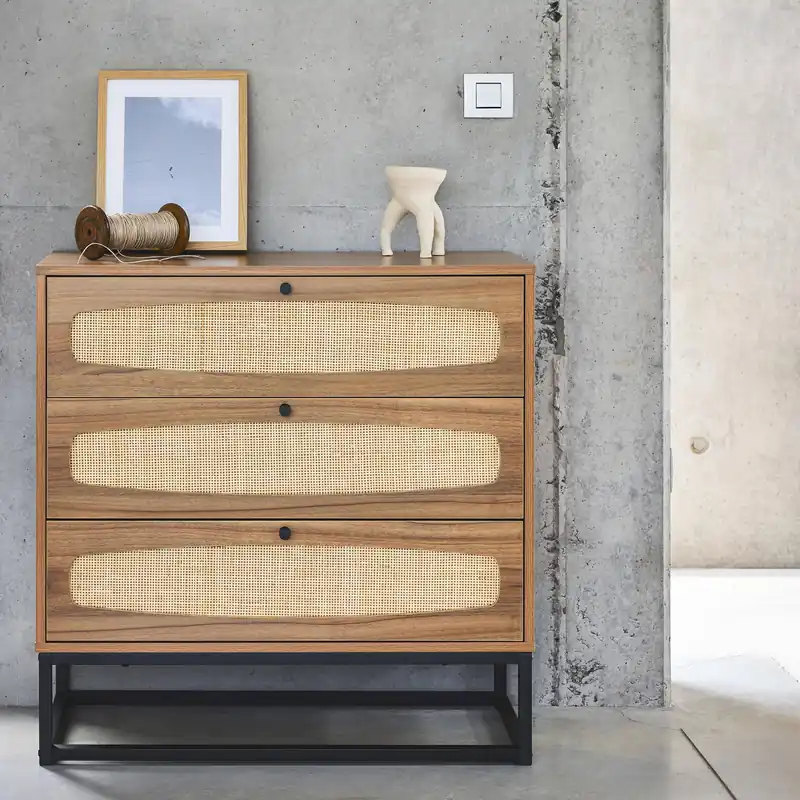 Cómoda de madera y caña, 3 cajones - Cómodas