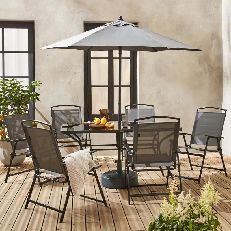 Conjunto mesa de jardín de acero con 6 sillas y 1 sombrilla - Conjuntos mesa y sillas de jardín