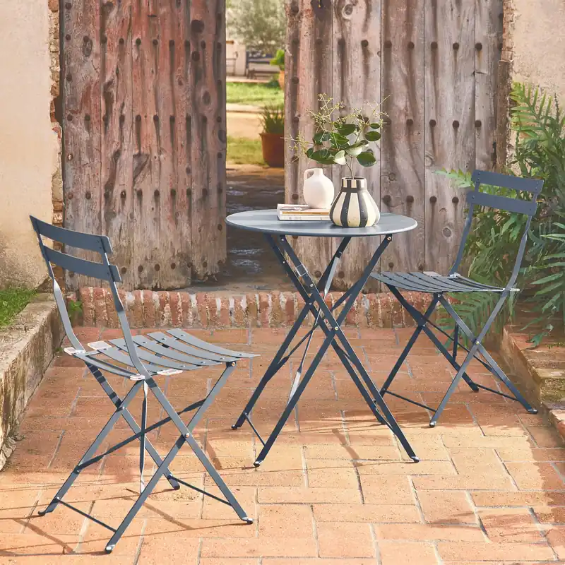 Set mesa de jardín bistró plegable de acero con 2 sillas, ø60cm - Conjuntos mesa y sillas de jardín