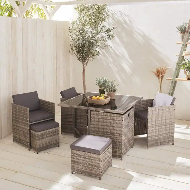 Mesa de jardín encastrable resina con 8 sillones + cobertor - Conjuntos mesa y sillas de jardín