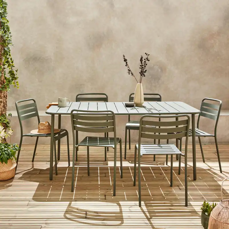 Set mesa de jardín bistró de acero con 6 sillas, 160cm - Conjuntos mesa y sillas de jardín