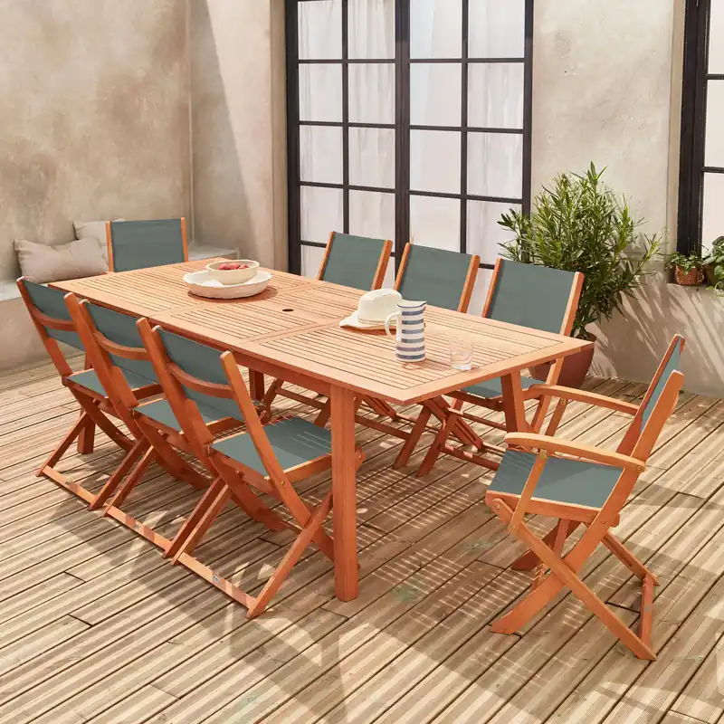 Mesa de jardín de madera extensible, 8 sillas - Conjuntos mesa y sillas de jardín