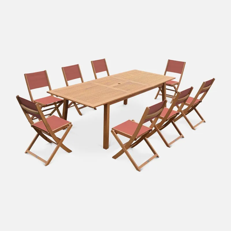 Mesa de jardín de madera extensible, 8 sillas - Conjuntos mesa y sillas de jardín