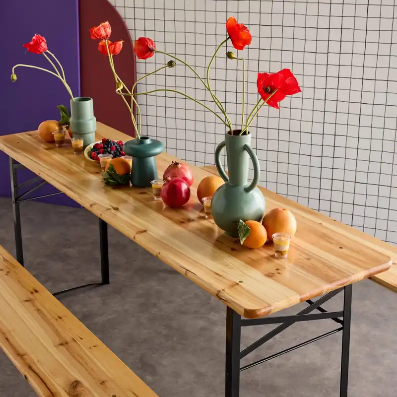 Mesa de recepción plegable madera de abeto 2 bancos, set de 2 - Conjuntos mesa y sillas de jardín