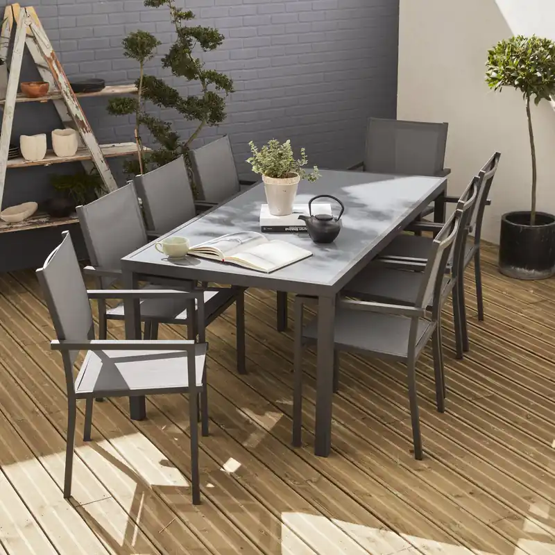 Conjunto mesa de jardín de aluminio y de textileno, 8 sillas - Conjuntos mesa y sillas de jardín
