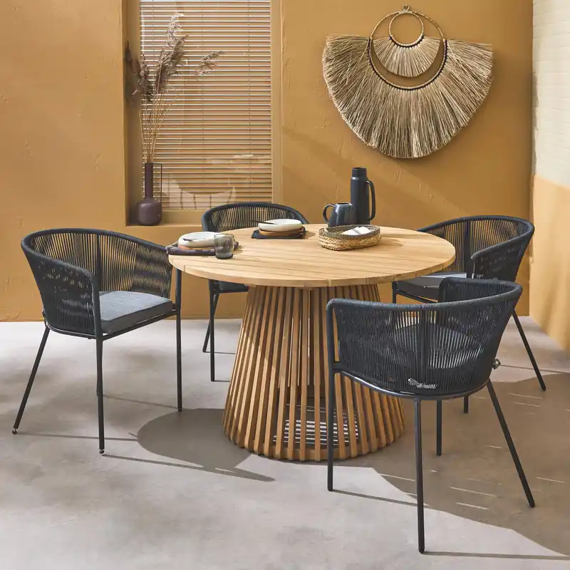 Mesa de comedor redonda de madera, interior/exterior + 4 sillones de cuerda y acero - Conjuntos mesa y sillas de jardín