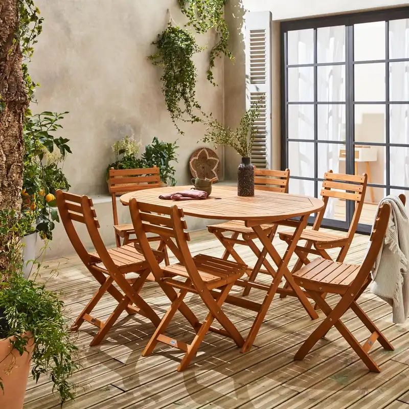 Conjunto mesa de jardín plegable de madera ovalada con 6 sillas - Conjuntos mesa y sillas de jardín