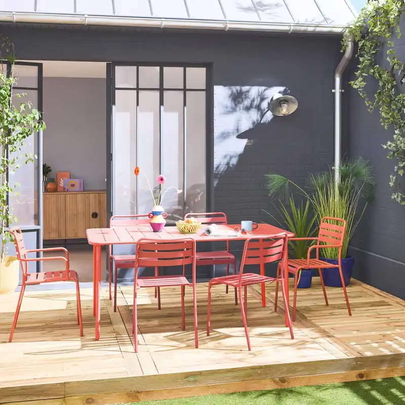 Set mesa de jardín bistró de acero con 2 sillones y 4 sillas, 160cm - Conjuntos mesa y sillas de jardín