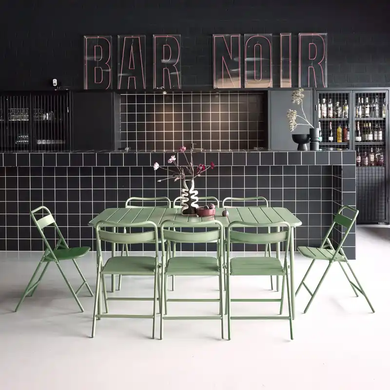 Set mesa de jardín bistró de acero con 8 sillas plegables, 160cm - Conjuntos mesa y sillas de jardín