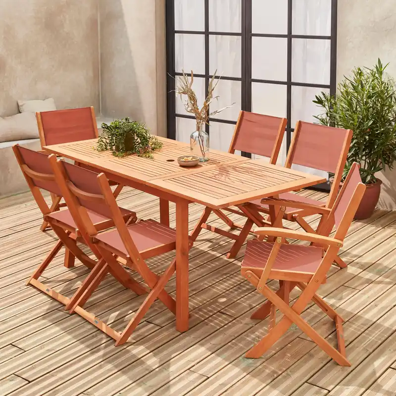 Mesa de jardín de madera extensible, 6 sillas - Conjuntos mesa y sillas de jardín