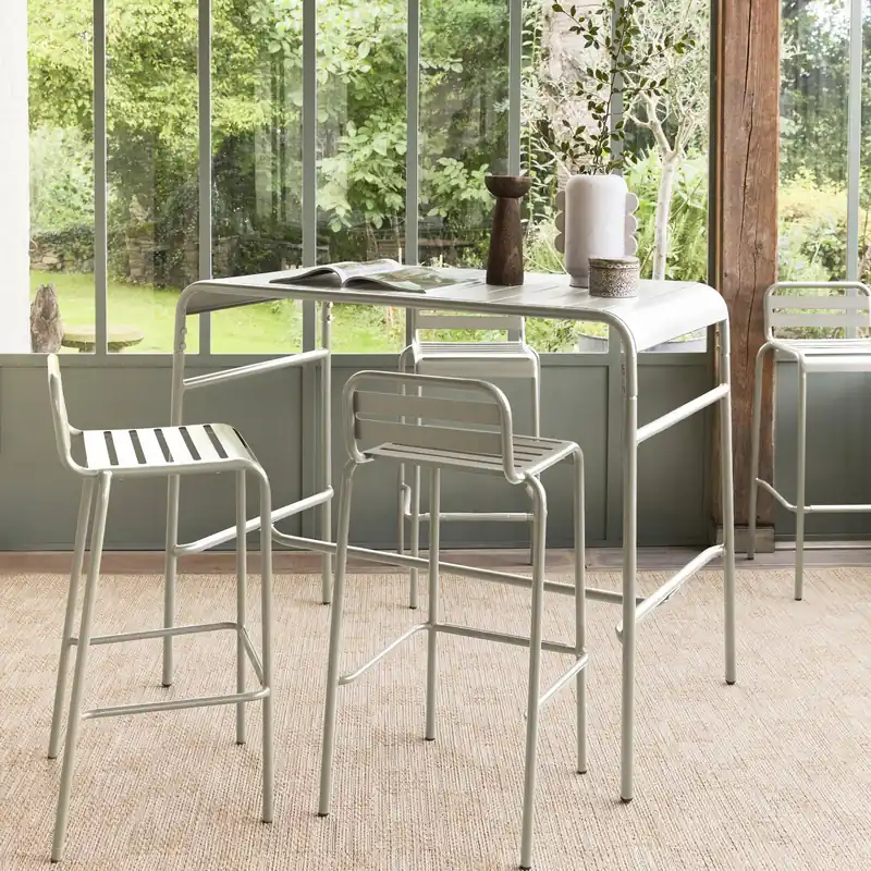 Set mesa alta de jardín tipo bistró de acero con 4 sillas altas de acero, 120cm - Conjuntos mesa y sillas de jardín