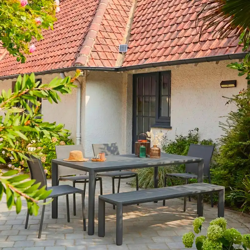 Mesa de jardín de aluminio,1 banco 4 sillas - Conjuntos mesa y sillas de jardín