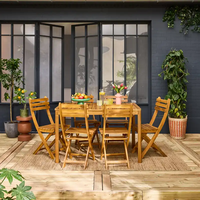 Mesa de jardín de acacia con esquinas redondeadas, 6 sillas - Conjuntos mesa y sillas de jardín