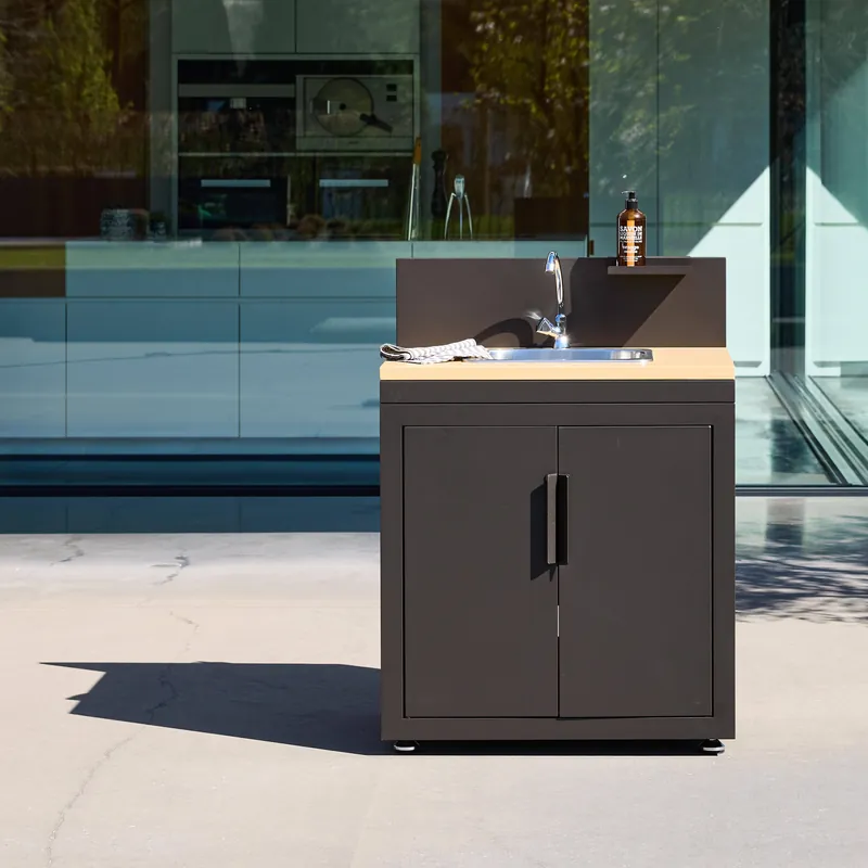 Módulo cocina exterior de acero y decoración de madera 1 fregadero 2 puertas 1 gancho, 80cm - Cocinas de exterior