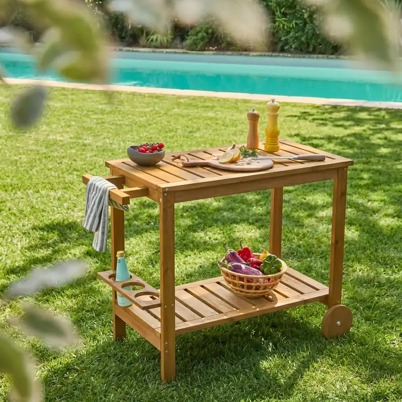 Carrito de cocina exterior de madera con ruedas - Cocinas de exterior