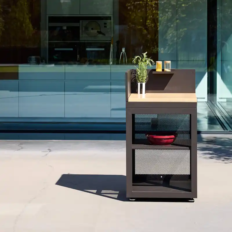 Módulo cocina exterior de acero y decoración de madera 1 estante, 60cm - Cocinas de exterior
