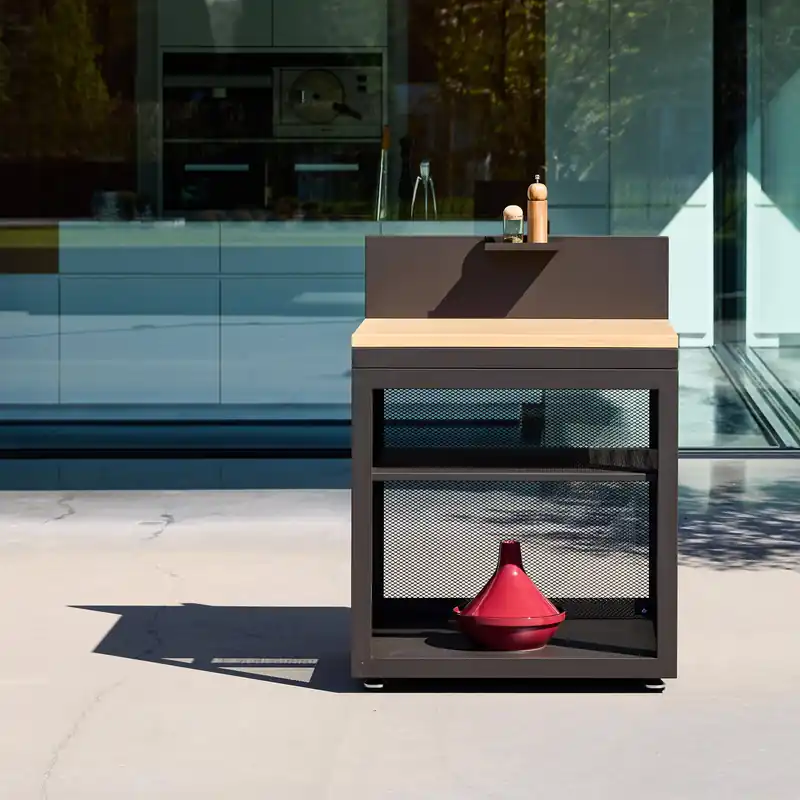 Módulo cocina exterior de acero y decoración de madera 1 estante, 80cm - Cocinas de exterior