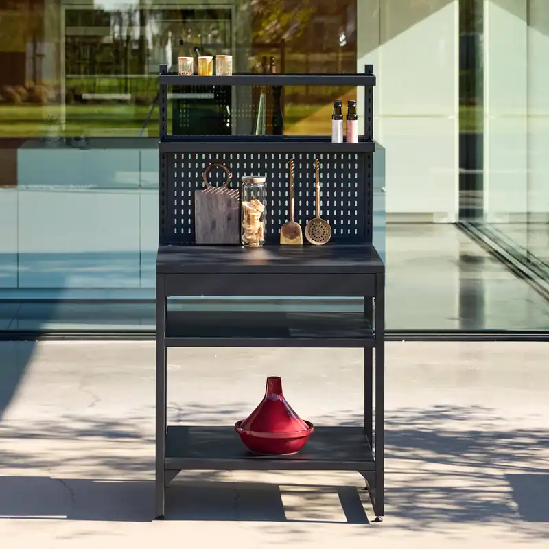Módulo cocina exterior de acero con 2 estantes, 2 bandejas y soporte mural, 80cm - Cocinas de exterior