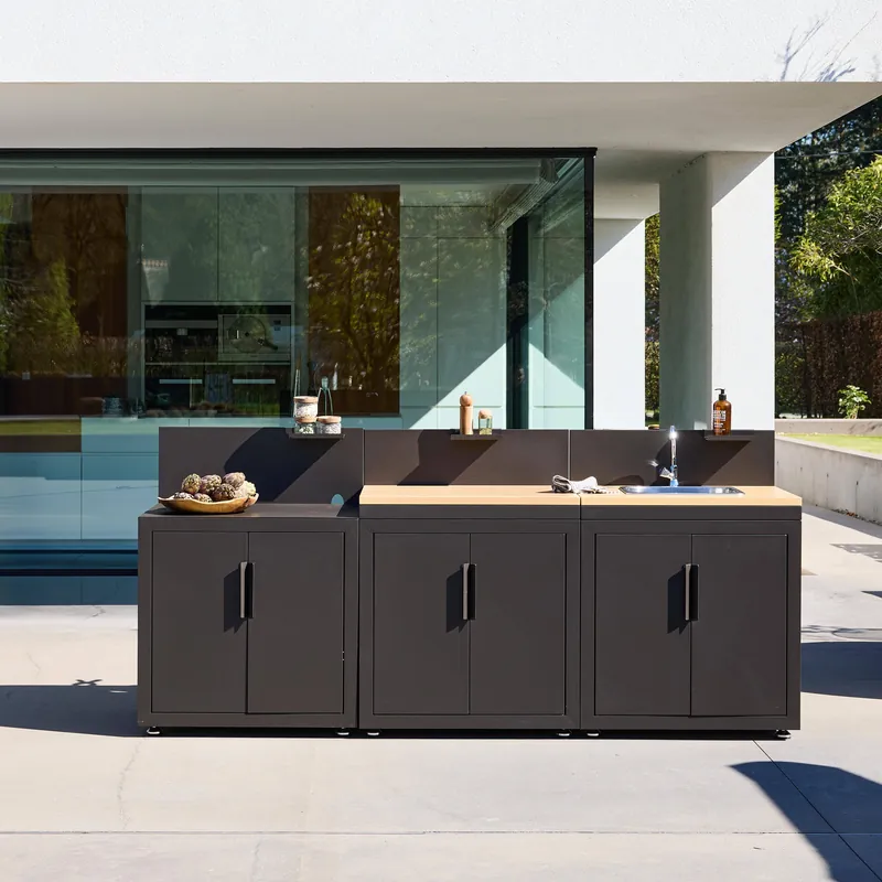 Cocina de exterior 3 módulos acero y decoración de madera - Cocinas de exterior