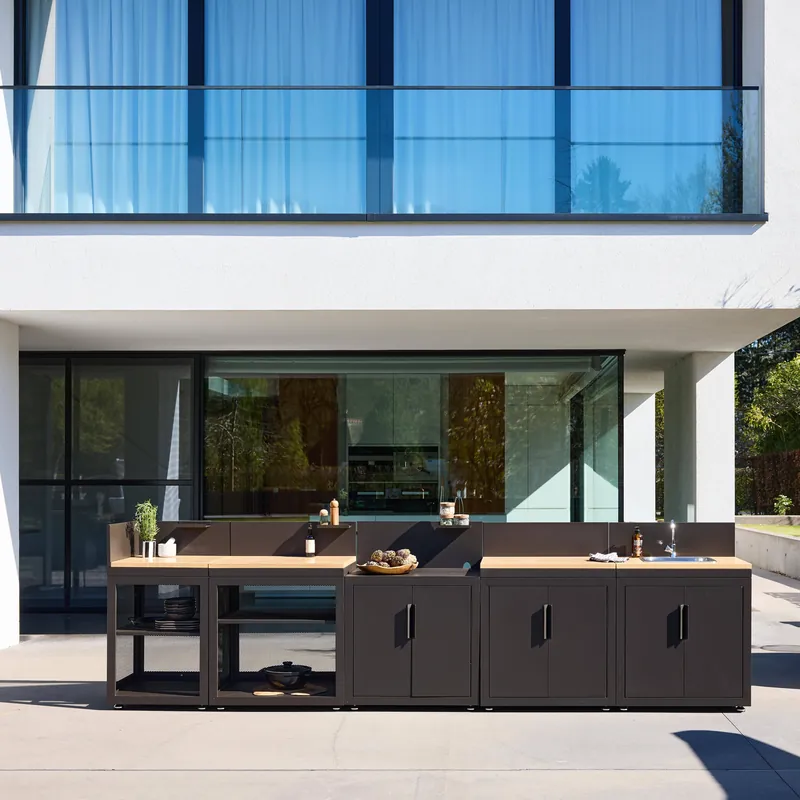 Cocina de exterior 5 módulos acero y decoración madera - Cocinas de exterior
