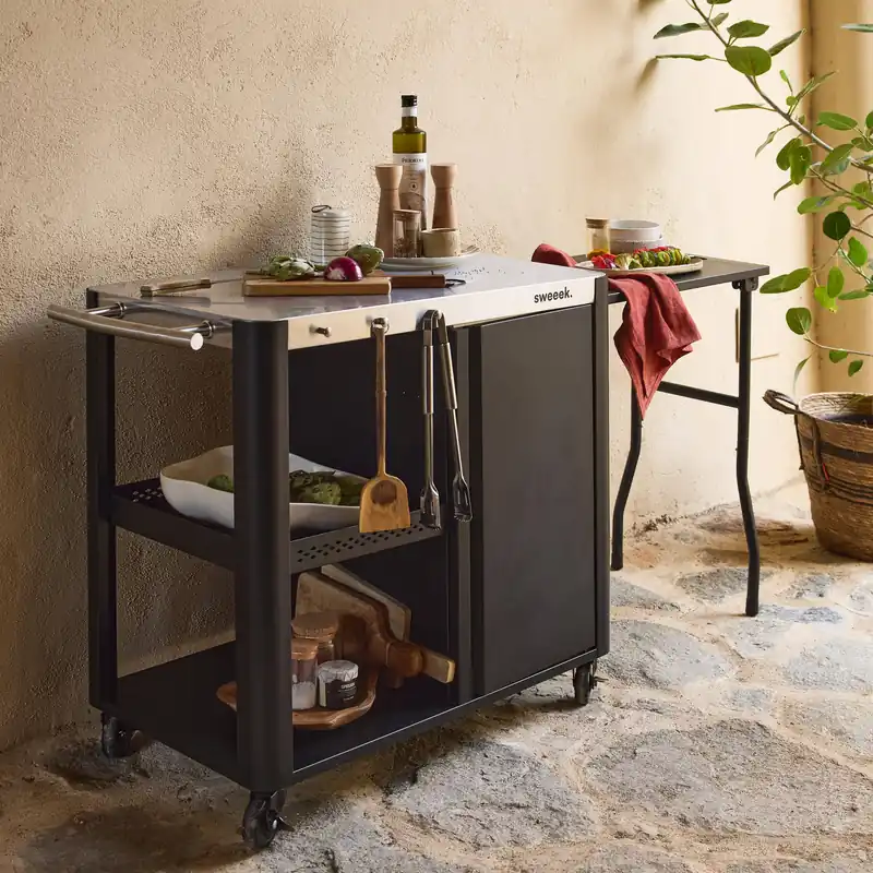 Carrito de cocina exterior de acero inoxidable de 94,5 cm con estante plegable - Cocinas de exterior
