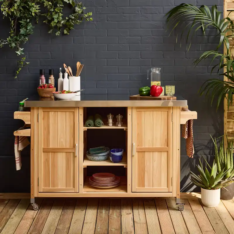 Carrito de cocina exterior de madera de abeto 130cm con asas, 7 espacios de almacenamiento - Cocinas de exterior