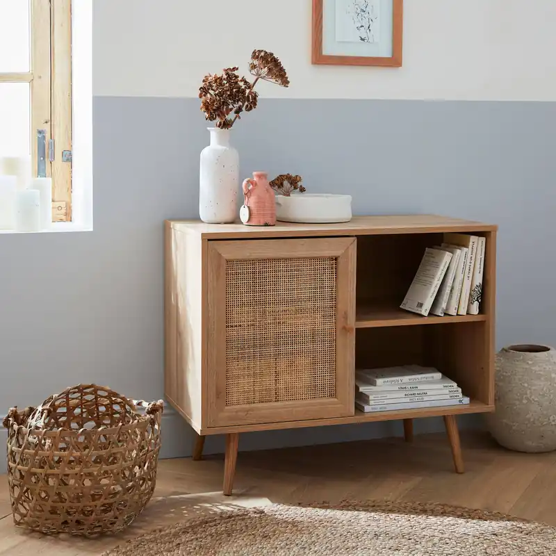 Aparador estilo escandinavo con 1 puerta de caña, 80cm - Aparadores de salón