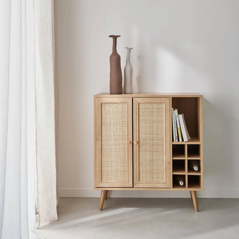 Aparador con portabotellas, mimbre y decoración de madera, 83cm - Aparadores de salón