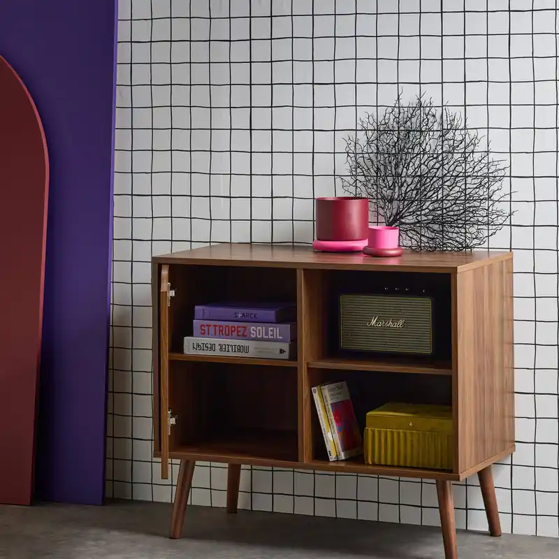 Aparador efecto nogal 1 puerta y 2 estantes, 80cm - Aparadores de salón