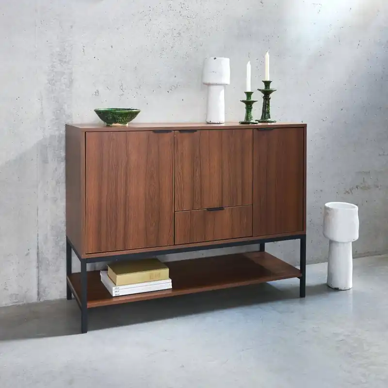 Aparador de 3 puertas de madera de nogal y metal, 110cm - Aparadores de salón
