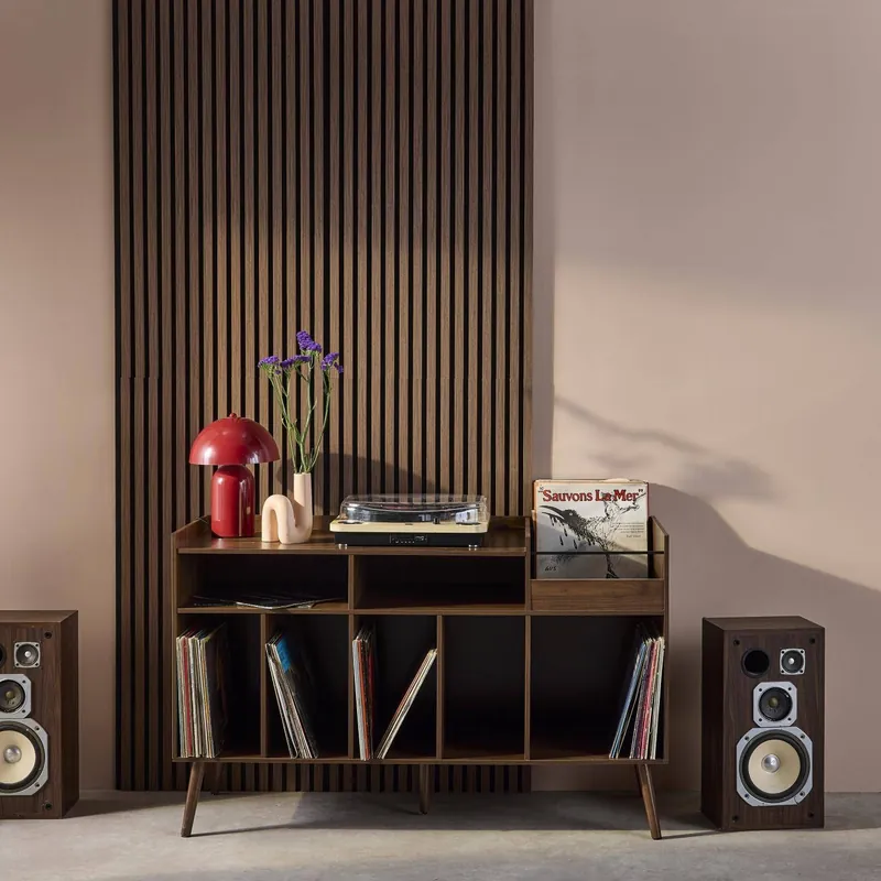 Mueble de vinilos XL vintage efecto madera oscura, 130cm - Aparadores de salón