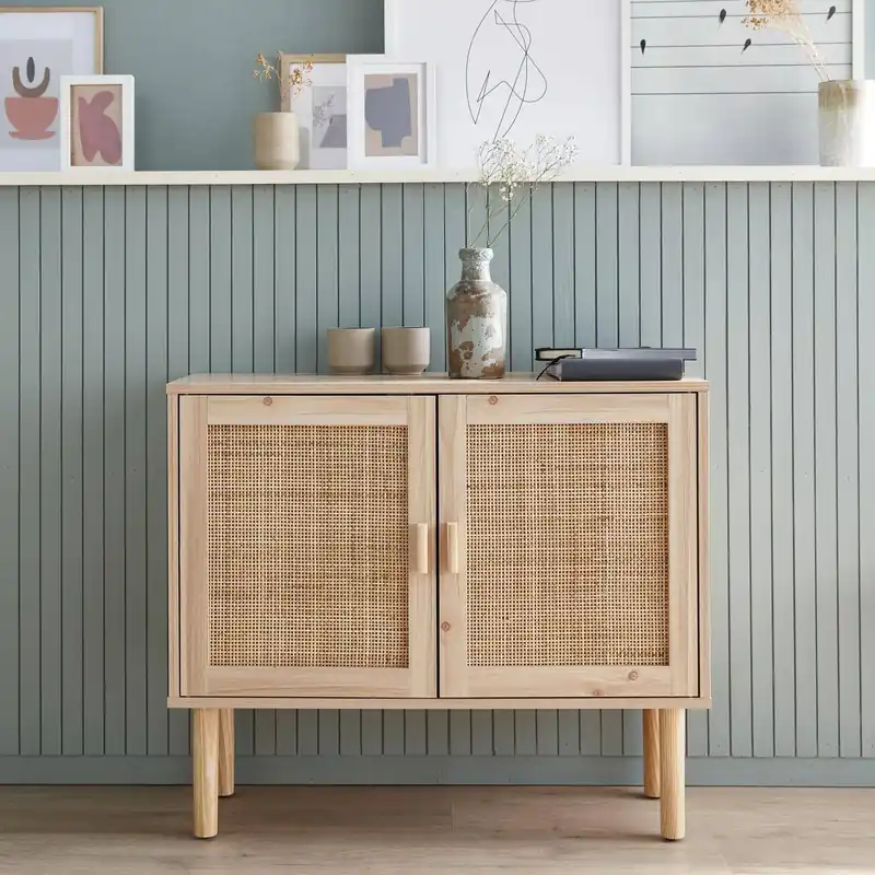 Aparador efecto caña y madera con 2 puertas, 80cm - Aparadores de salón