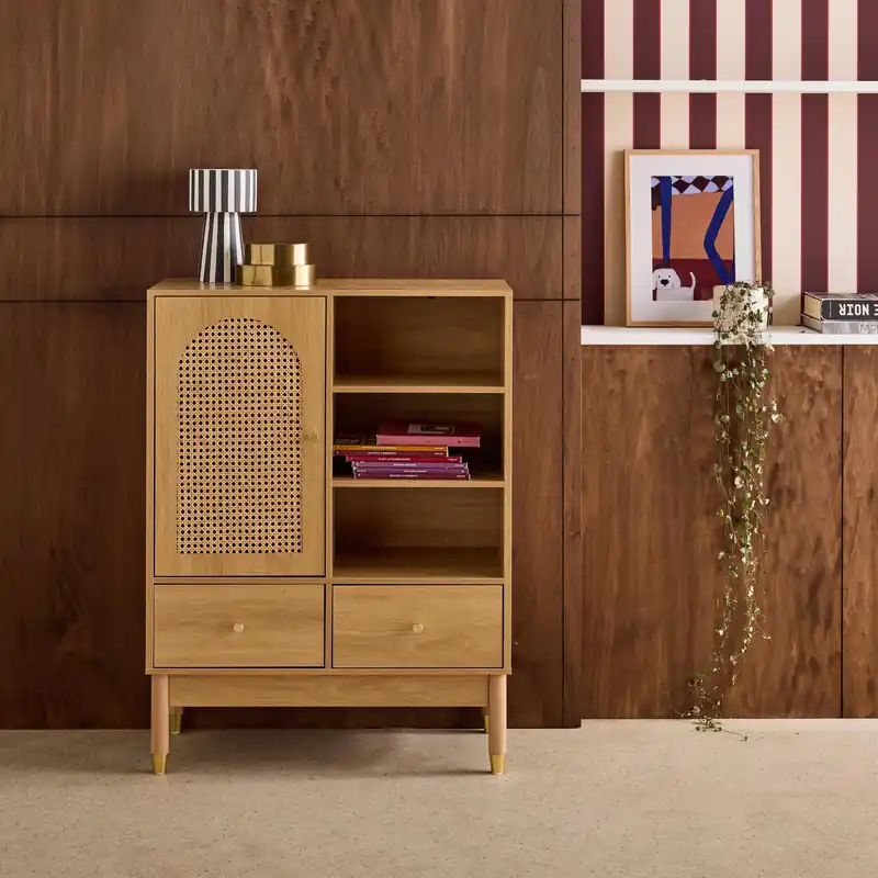 Aparador con decoración de madera y mimbre 1 puerta, 75cm - Aparadores de salón