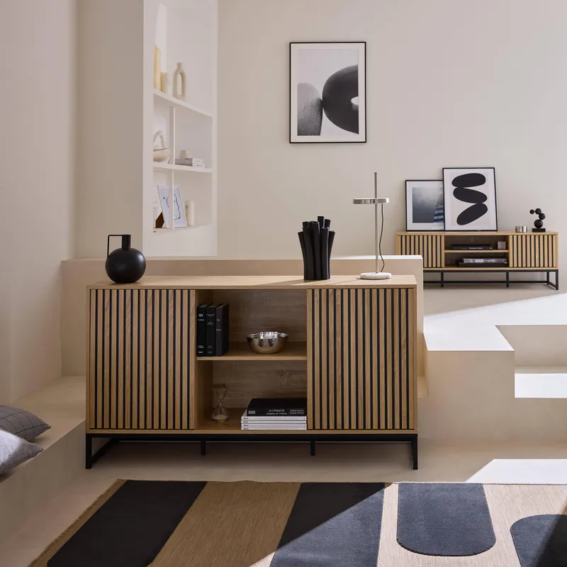 Aparador contemporáneo acanalado efecto madera de 2 puertas, 140cm - Aparadores de salón