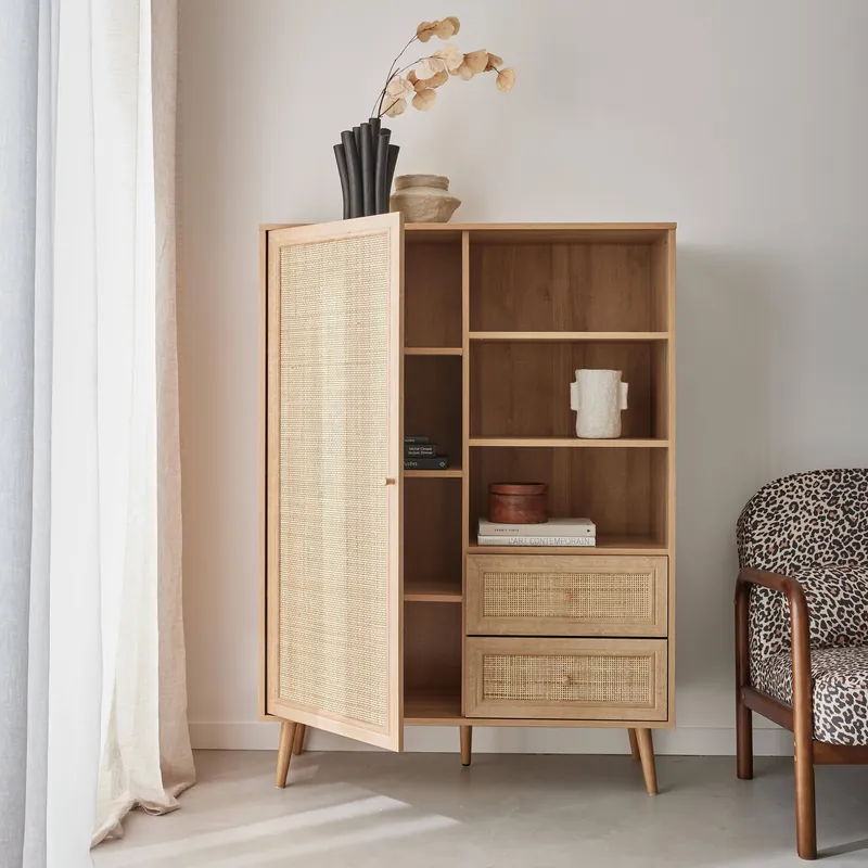 Aparador con efecto de caña y madera de 2 cajones, 101cm - Aparadores de salón