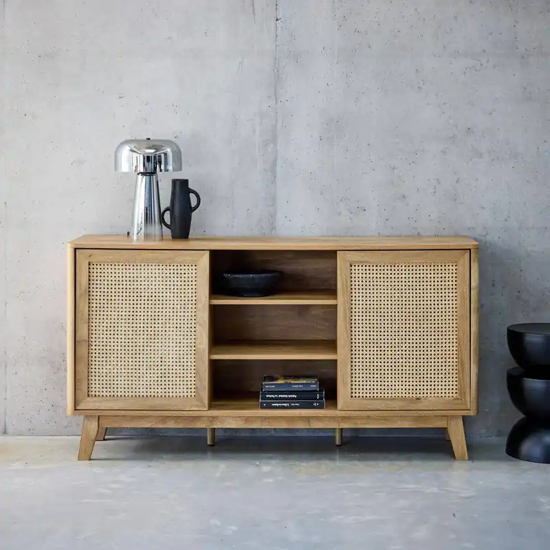 Aparador con 2 puertas correderas y estantes efecto madera y caña, 150cm - Aparadores de salón