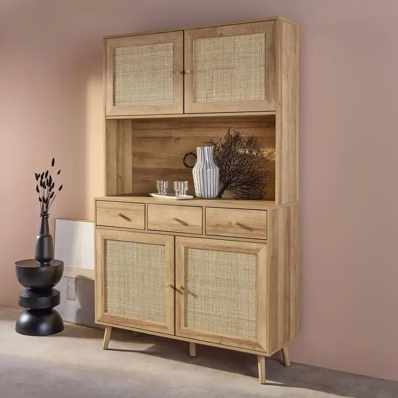 Aparador de madera y caña, 4 puertas y 3 cajones, 110cm - Aparadores de salón