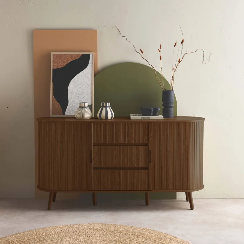 Aparador escandinavo efecto madera ranurada con 2 puertas correderas, 150cm - Aparadores de salón