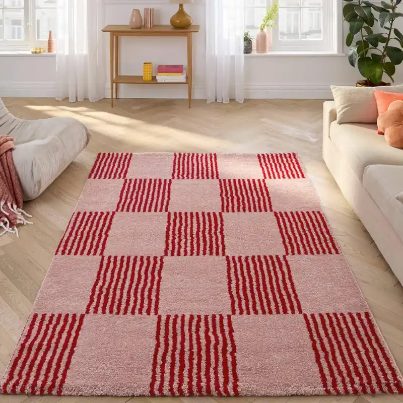 Alfombra interior con motivo damero rojo y rosa - Alfombras