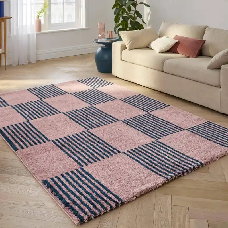 Alfombra interior con motivo damero azul y rosa - Alfombras