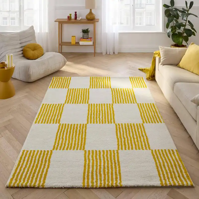 Alfombra interior con motivo damero amarillo y blanco - Alfombras