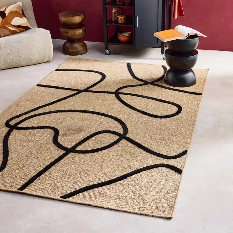 Alfombra interior efecto yute, motivo gráfico en relieve negro - Alfombras