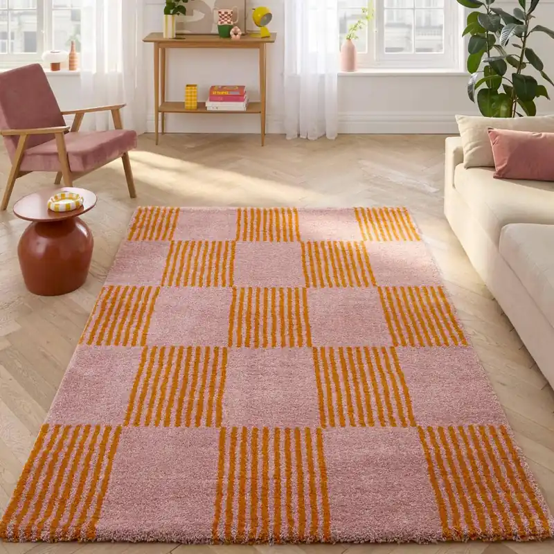 Alfombra interior con patrón damero naranja y rosa - Alfombras